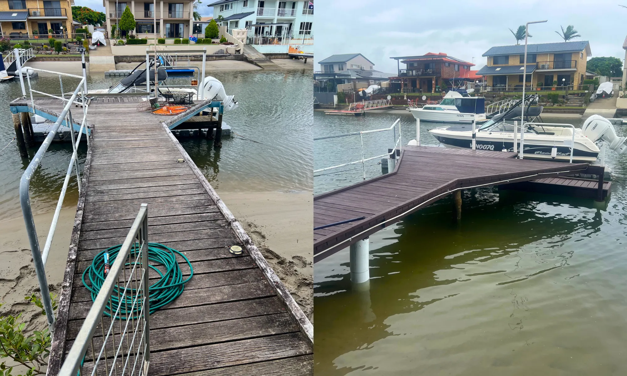 Finger jetty re-deck — before and after — Hope Island