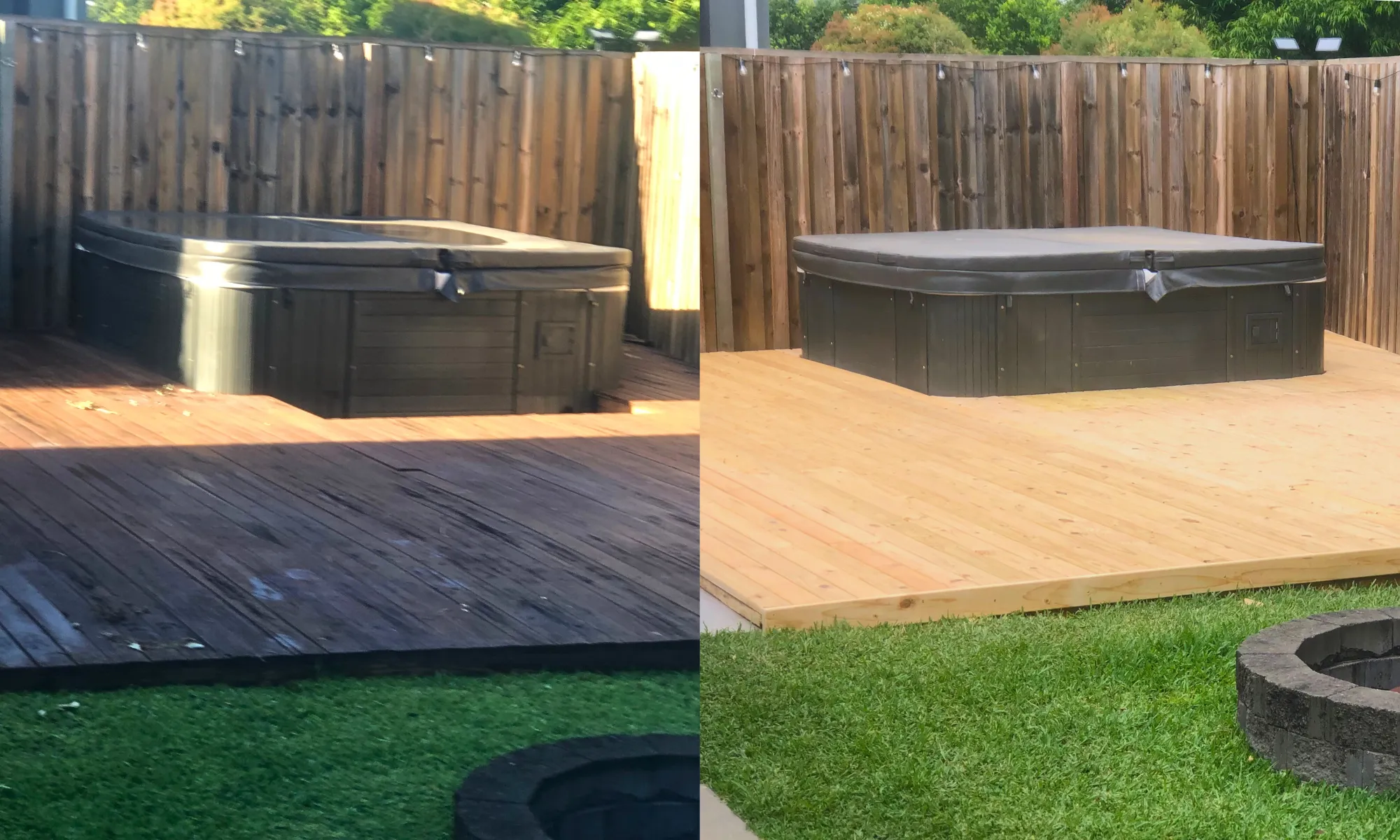 Tired sunken backyard spa beside a finished hardwood spa deck level with new turf, a stone-walled firepit and a feature timber fence.