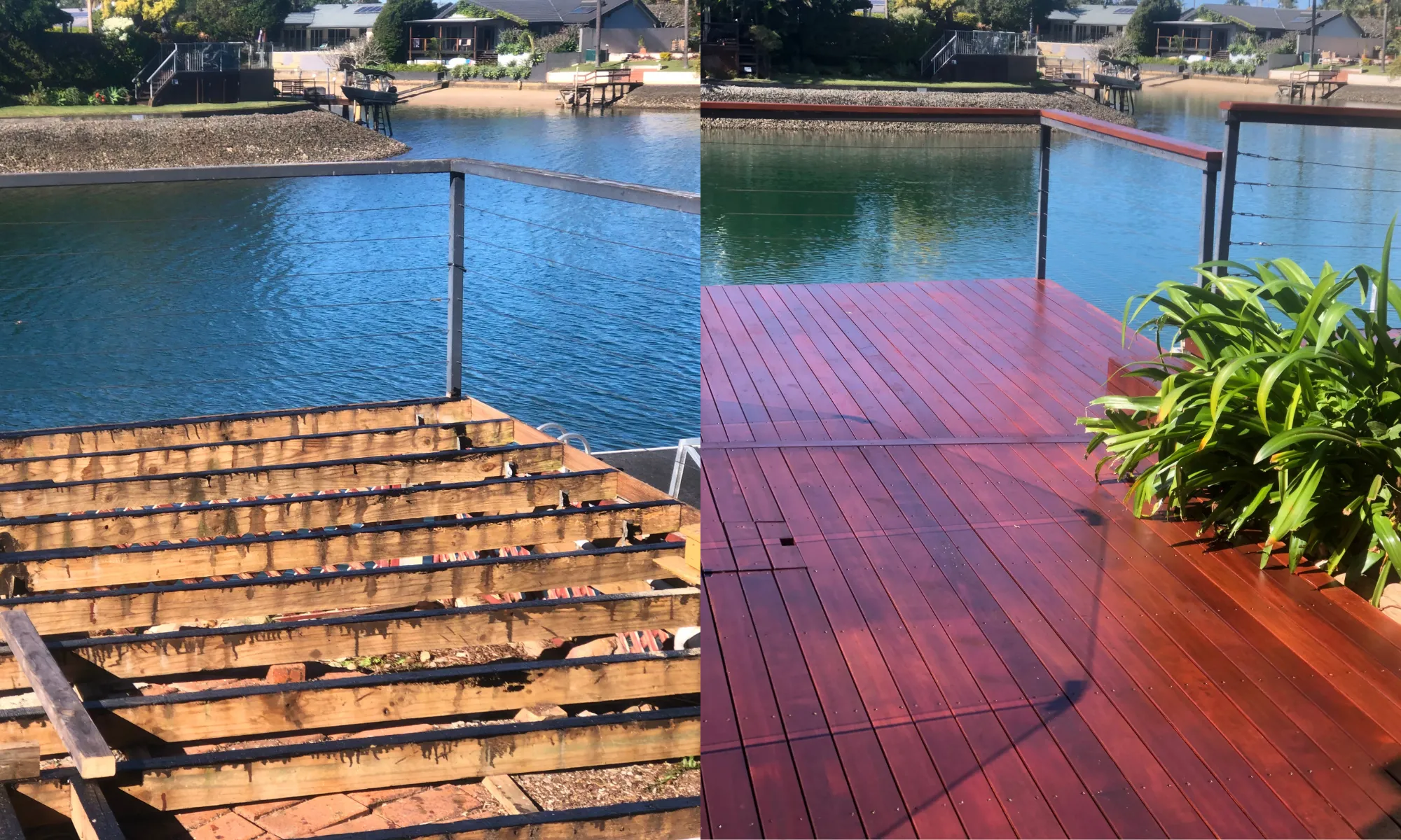 Waterfront deck build — before and after — Paradise Point