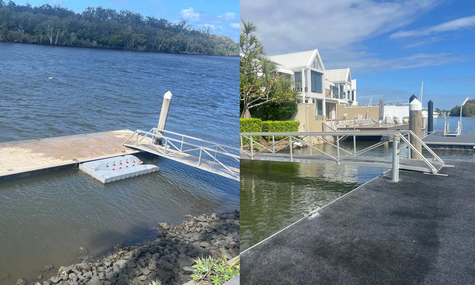 Old single-timber pontoon and aged jetty walkway alongside a modern aluminium-framed gangway and reset jetty fronting a Gold Coast home.