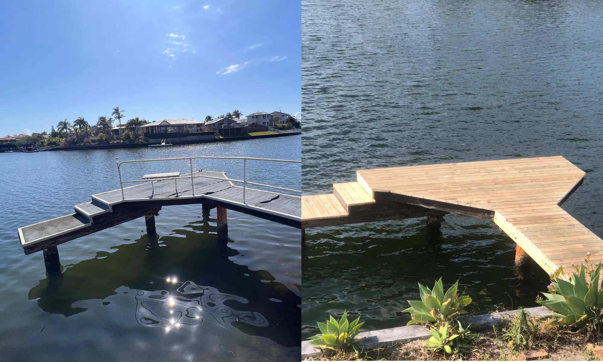 Old curved bullnose timber jetty top alongside a reshaped angular hardwood jetty deck with a wider square outer landing.