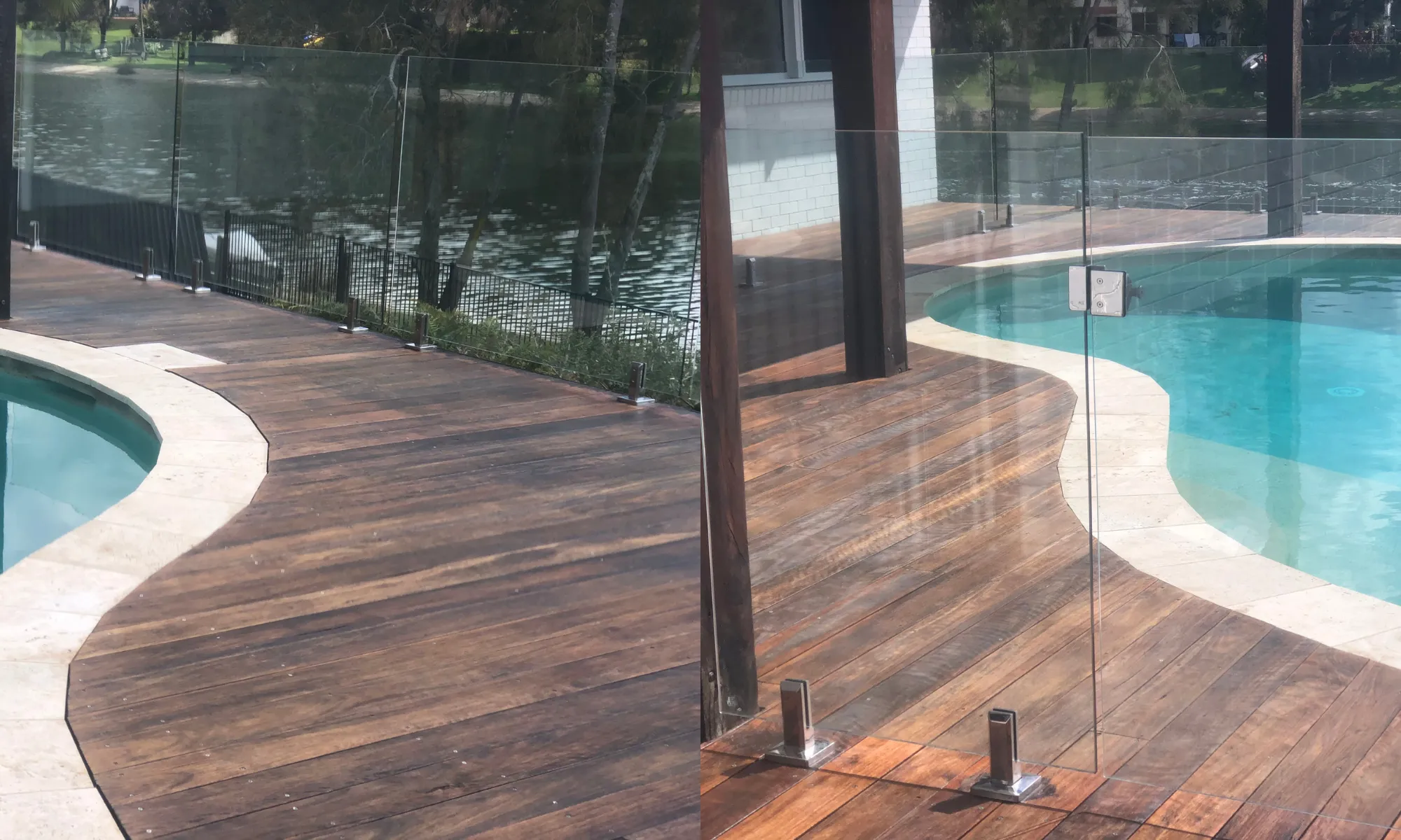 Curved hardwood pool deck restored to a deep mahogany finish, framed by a glass pool fence and sandstone surround.