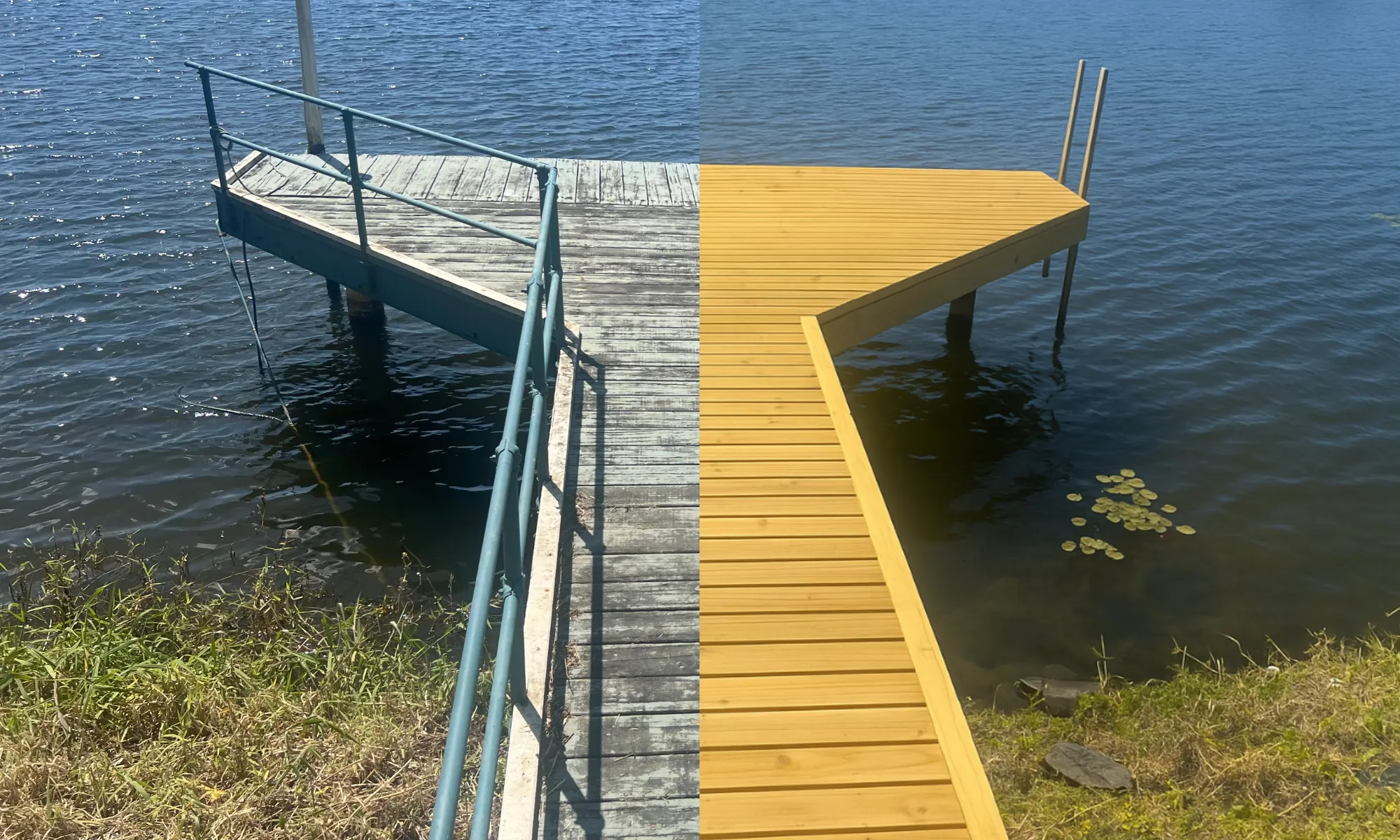 Half-restored jetty walkway showing weathered grey timber on one side and freshly sanded and oiled honey-toned timber on the other.