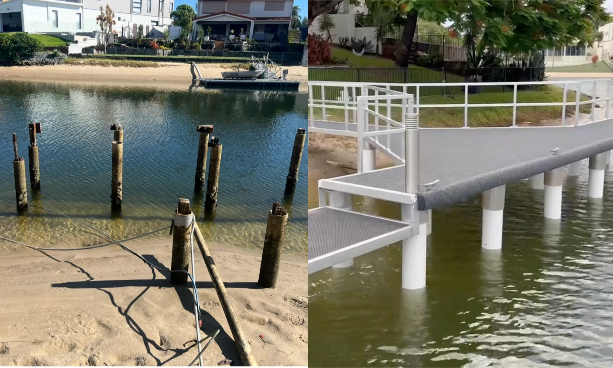 Old corroded timber pylons in a tidal sand bank alongside a completed white-piered jetty with aluminium rail and fresh hardwood deck.